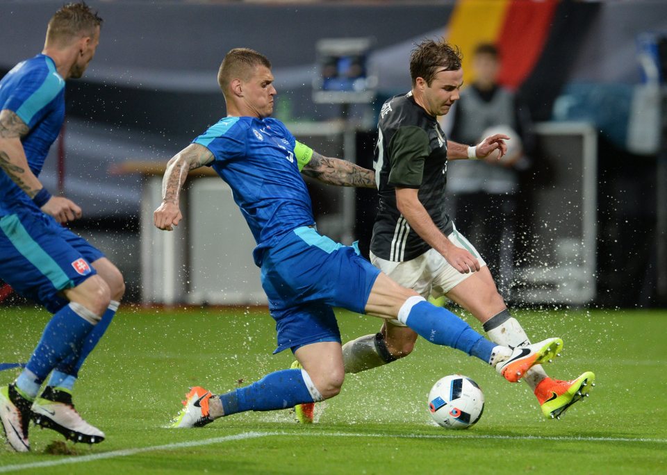  Skrtel in action for Slovakia against Germany in their friendly on Sunday