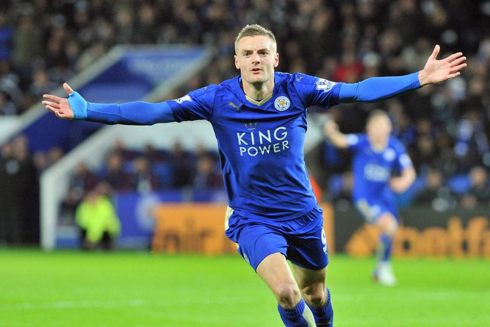  Vardy celebrates for Leicester during the Foxes' triumphant season