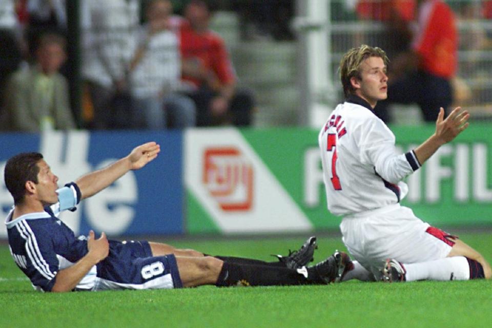 David Beckham was infamously shown a red card for kicking out at Diego Simeone