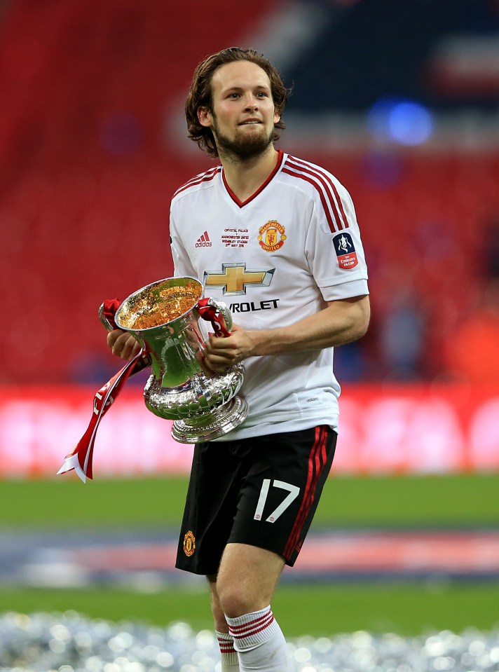 Daley Blind with the FA Cup after United bear Crystal Palace at Wembley