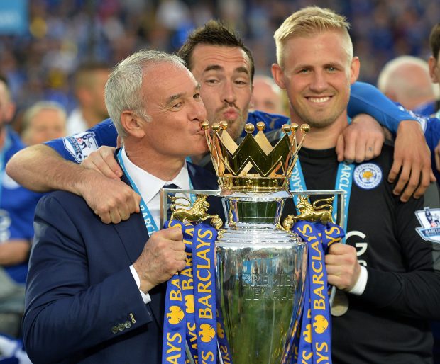 Schmeichel and Foxes boss Claudio Ranieri celebrate their surprise Prem title triumph