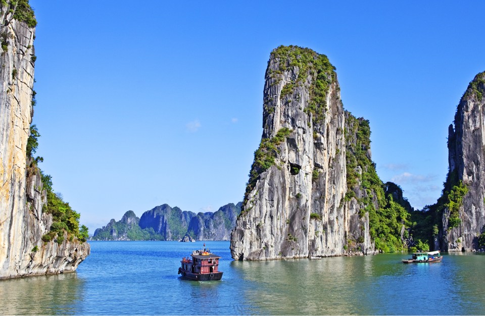  Halong Bay, a three-hour drive from Hanoi, is home to spectacular rock formations and islands