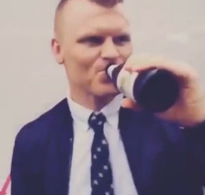 Riise takes his first sip of beer and looks quite apprehensive 