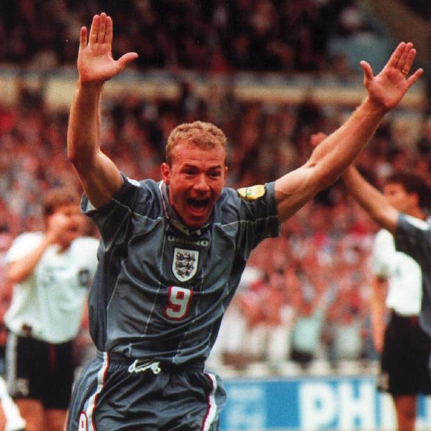 Alan Shearer celebrates scoring against Germany at Euro 96