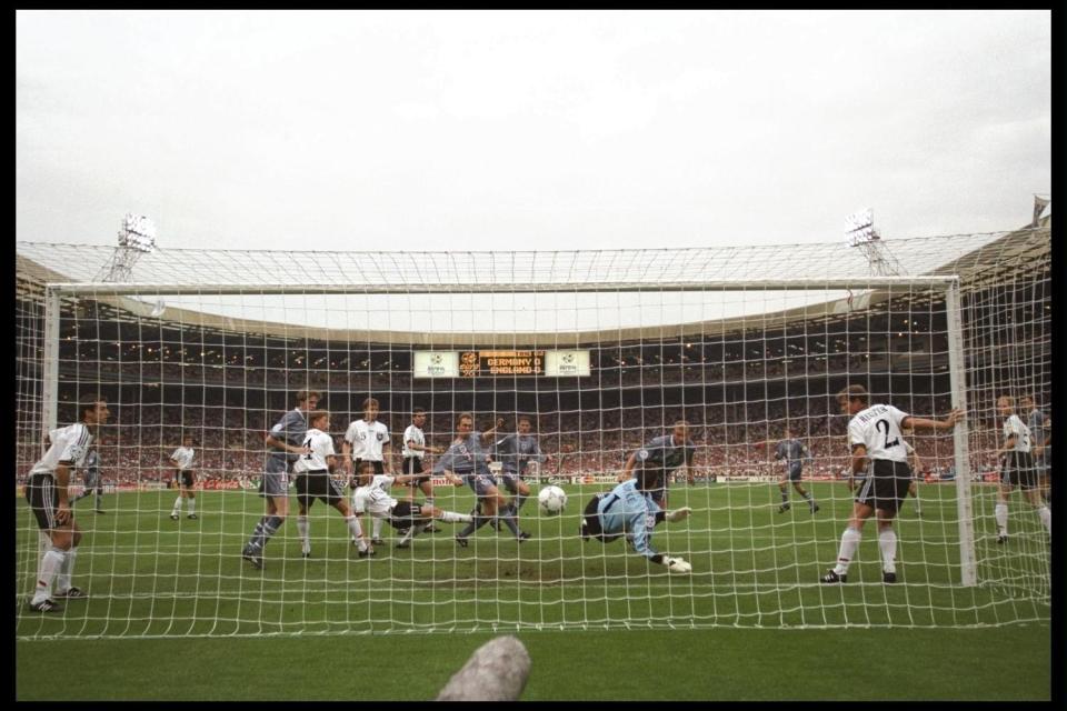 Alan Shearer heads home against Germany at Wembley