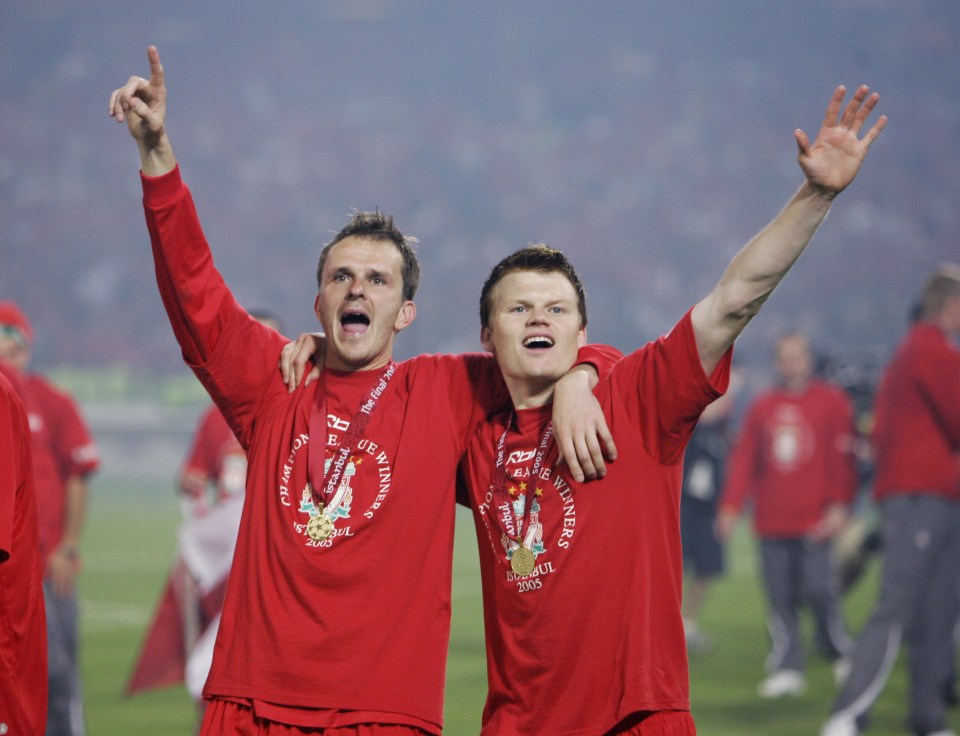 Riise celebrates the Champions League triumph with Didi Hamann