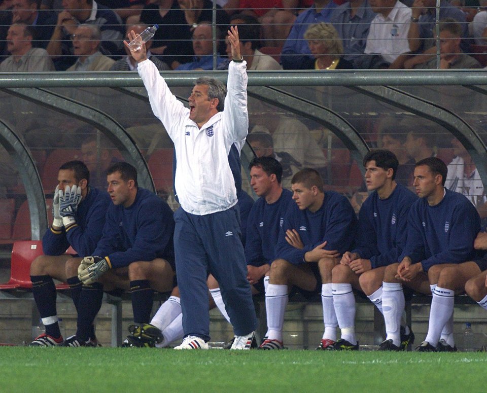  England's then-boss Kevin Keegan gestures from the bench during loss to Portugal