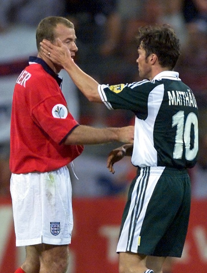 Lothar Matthaus shakes hands with Alan Shearer after England defeated Germany 1-0 in Euro 2000 Group Stage game