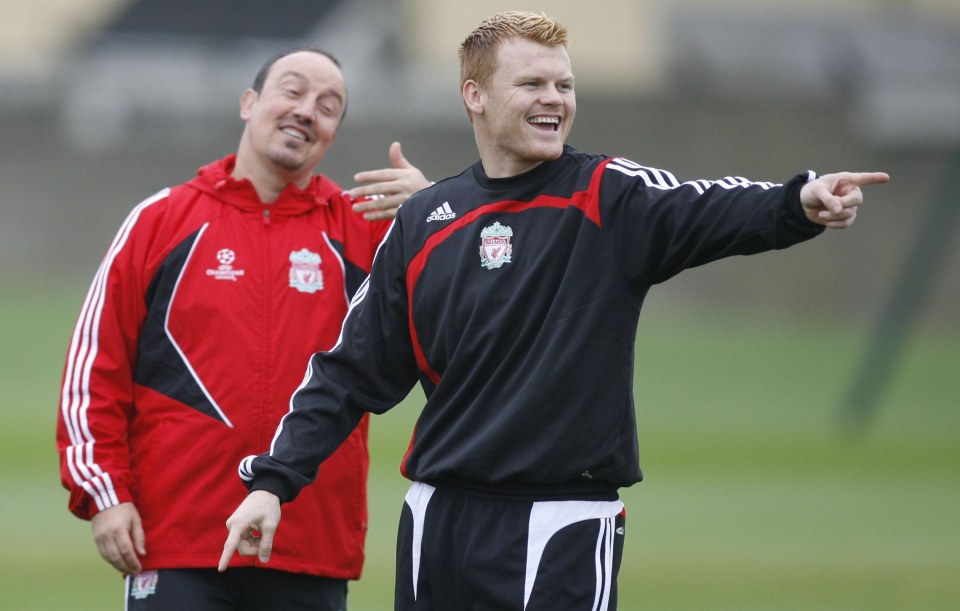 Riise with former Liverpool boss Rafa Benitez at the club's Melwood training ground