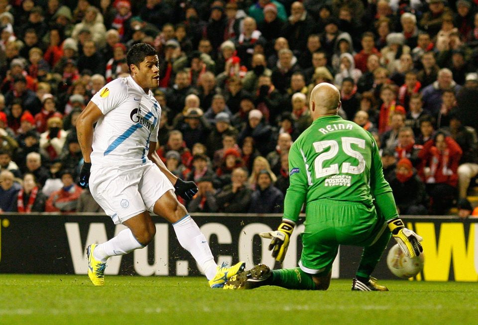 Liverpool v Zenit St Petersburg. Europa League last 32, second leg. 21st February 2013. Picture By Mark Robinson. Hulk scores the opening goal for Zenit.