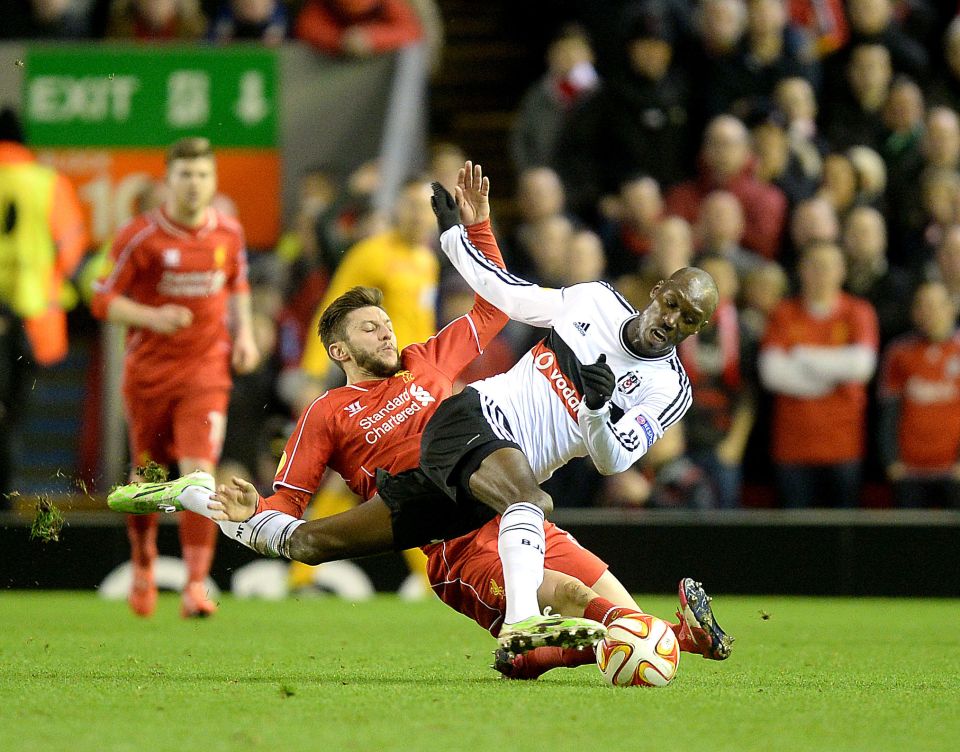 Atiba Hutchinson in action against Liverpool's Adam Lallana in the Europa League