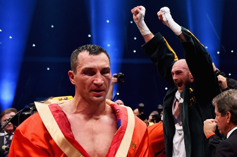 Fury celebrates his shock victory over Klitschko in November