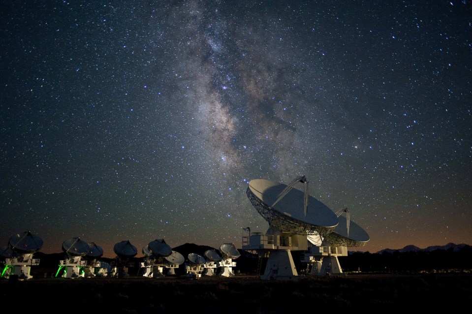 The Milky Way galaxy moves over the CARMA Array Radio Observatory, White Mountains, California