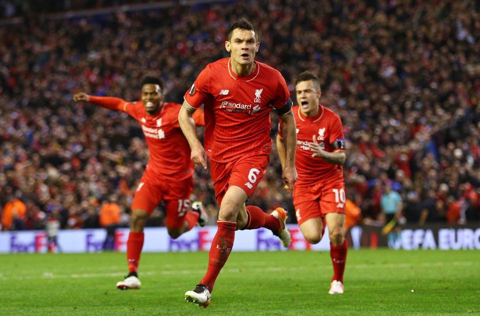  Lovren celebrates scoring Liverpool's final goal in a 4-3 thriller against Dortmund