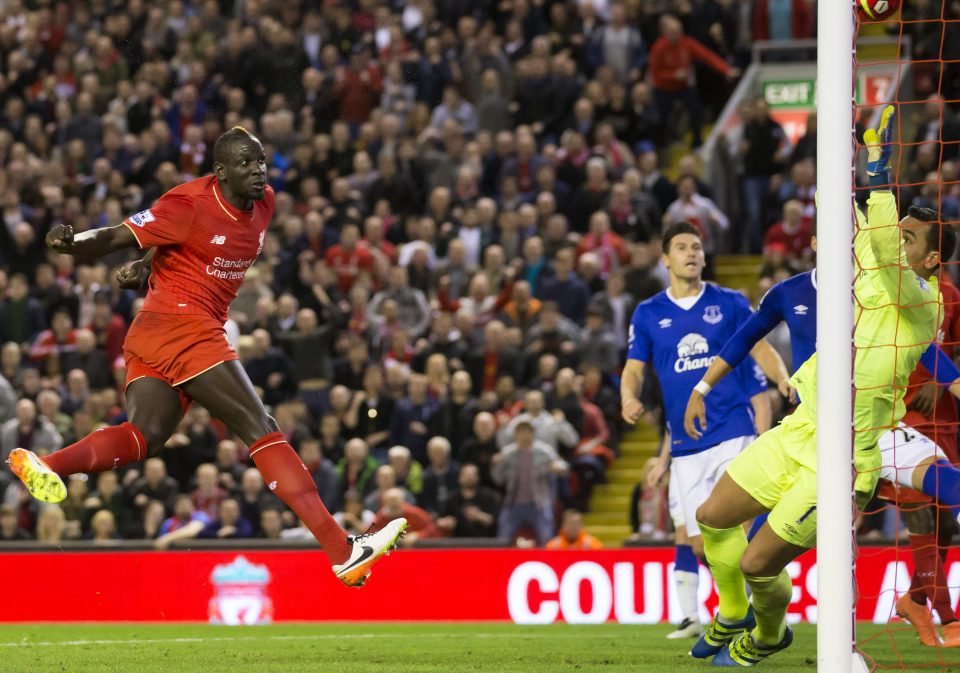  Happier days...Sakho beats Everton goalkeeper Joel Robles in the Liverpool derby