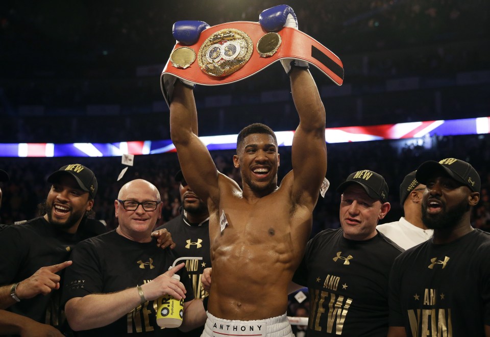 Anthony Joshua celebrates after being winning the IBF world heavyweight belt