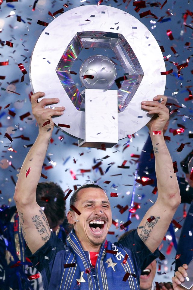 Zlatan Ibrahimovic celebrates winning the Ligue 1 title with PSG last season