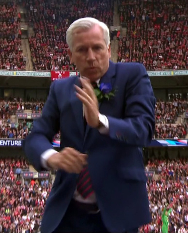  Boss Alan Pardew's jig in the FA Cup final which proved the last game for Adebayor