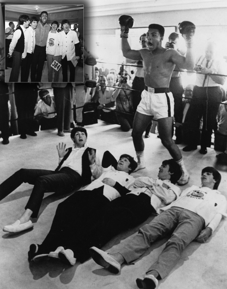  Pop spars . . . The Beatles pose with Ali on their first US tour