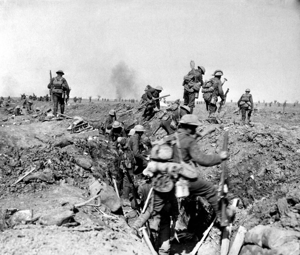 Troops of the British XIV Corps advance near Ginchy during the Battle of Morval, part of the Somme Offensive during World War I