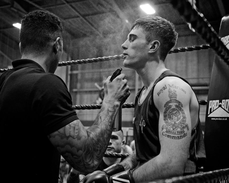 Undated handout photo issued by the Ministry of Defence of a photograph taken by L(Phot) Will Haigh, of Marine Matthew Farran of 40 Commando Royal Marines, composes himself before the third and final round of the Light Welterweight final, as he won the Royal Navy Photographer of the Year 2016 at the Peregrine Trophy 