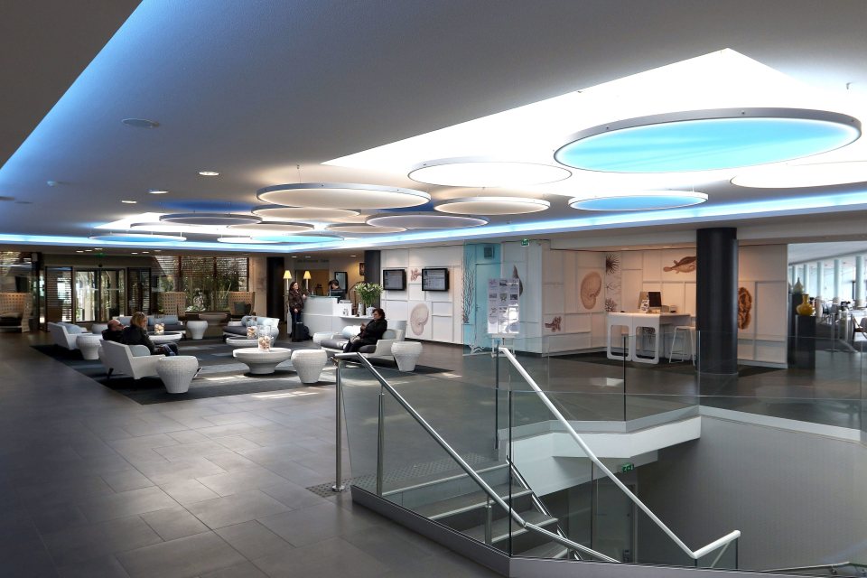 The lobby of the Novotel Thalassa hotel in Dinard