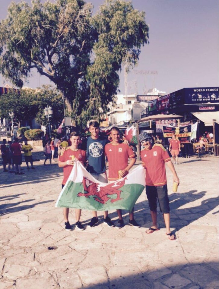  Matt pictured with friends watching the Wales - Euro qualifier in Cyprus