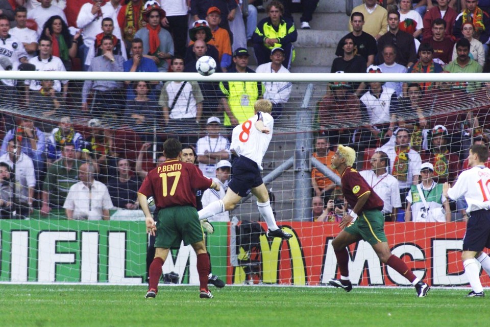 Paul Scholes puts England in front against Portugal in the third minute