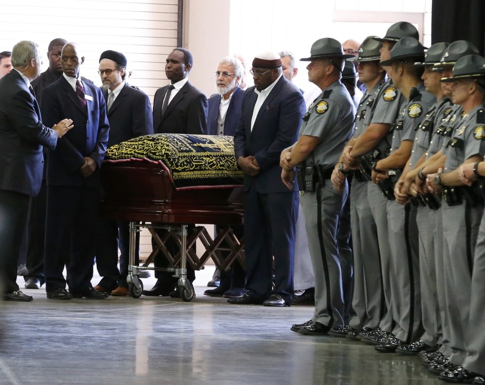 The coffin of late boxing champion Muhammad Ali arrives for a jenazah, an Islamic funeral prayer, in Louisville