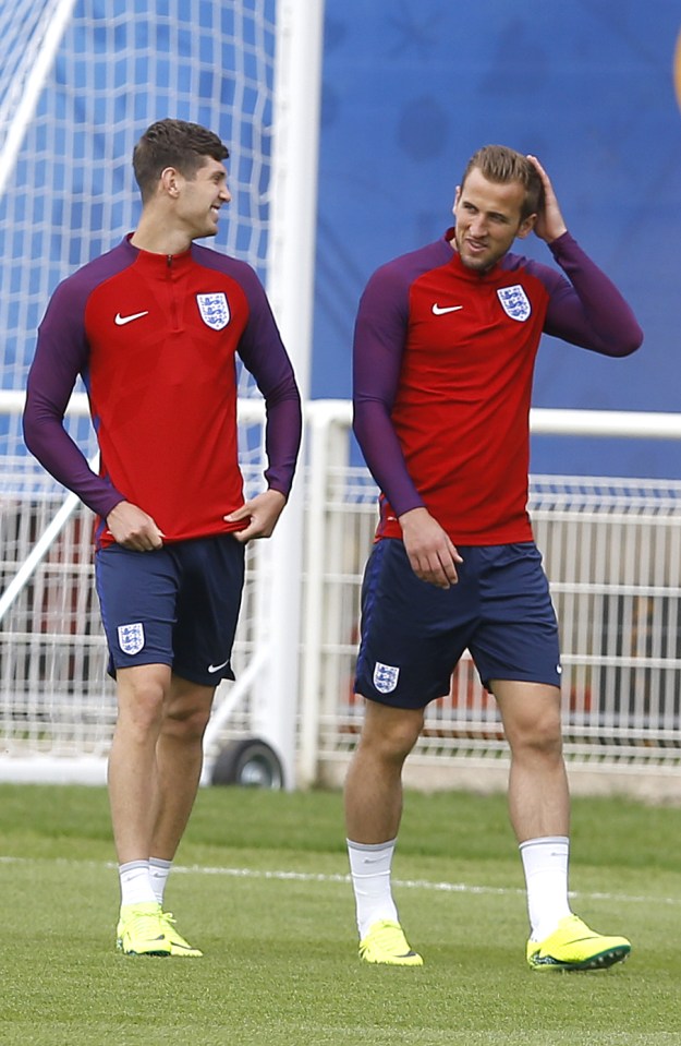 John Stones, left, during England training with Harry Kane