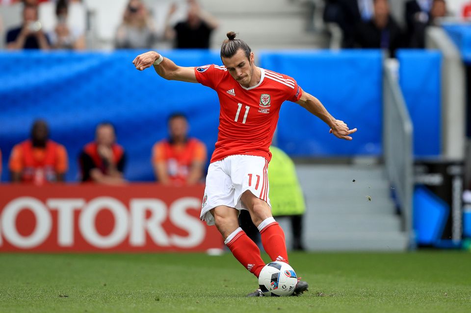  Gareth Bale strikes a free-kick during Wales' Euro 2016 opener against Slovakia