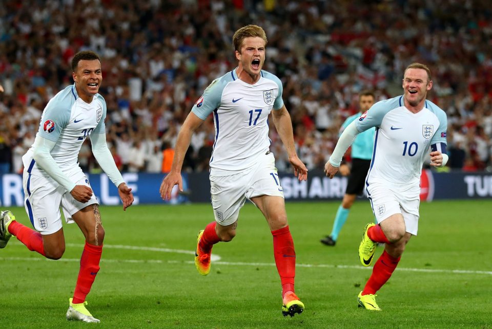 Eric Dier celebrates his Euro 2016 opener with England team-mates Dele Alli and Wayne Rooney