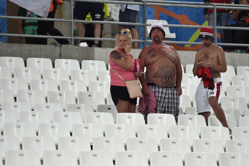  A Geordie fan put his huge Tyne Bridge tattoo on display after England drew with Russia in Marseilles