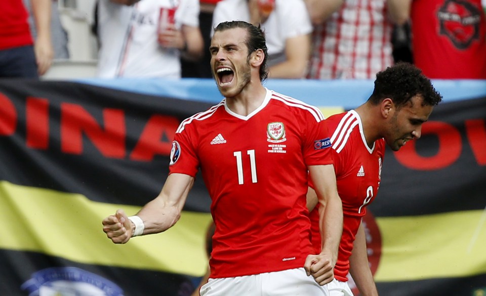 Gareth Bale celebrates his free-kick giving Wales the lead against Slovakia