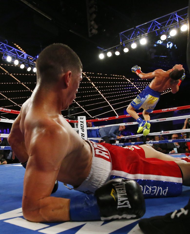 Vasyl Lomachenko does a backflip in celebration after his brutal knockout of Roman Martinez