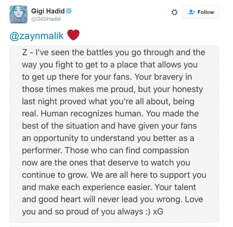  Gigi commended Zayn for his 'bravery' and 'honesty'