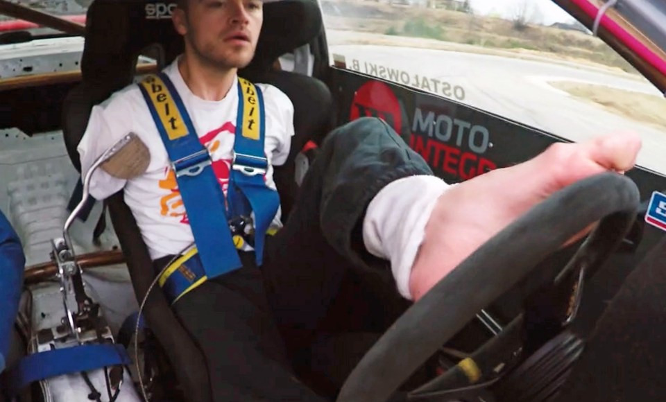  Ostalowski changes gears in his drifting car using his shoulder