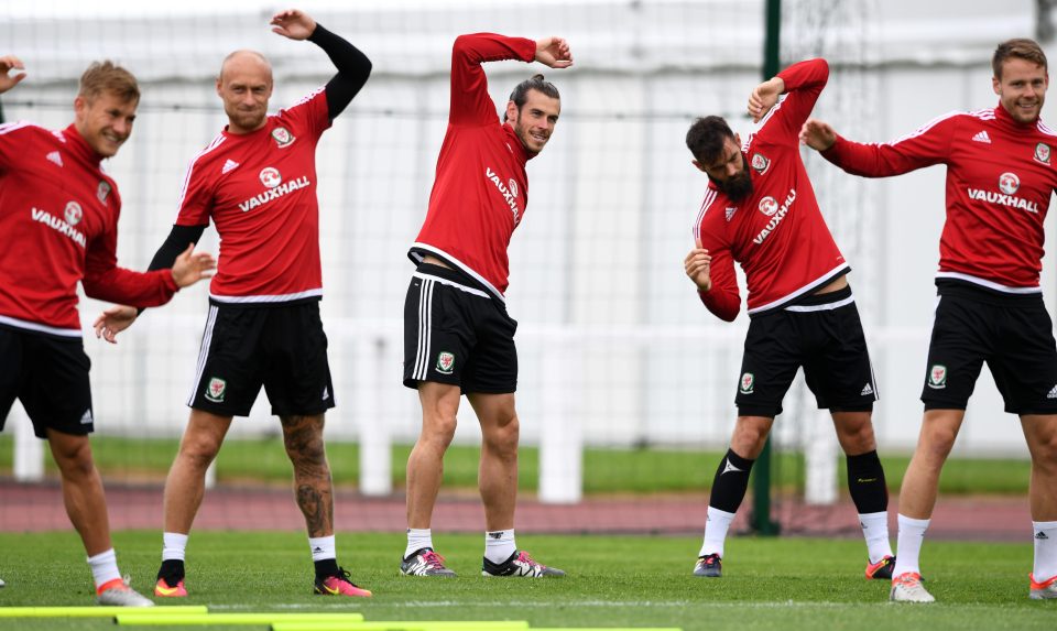 Gareth Bale stretches in training as Wales prepare to face England on Thursday