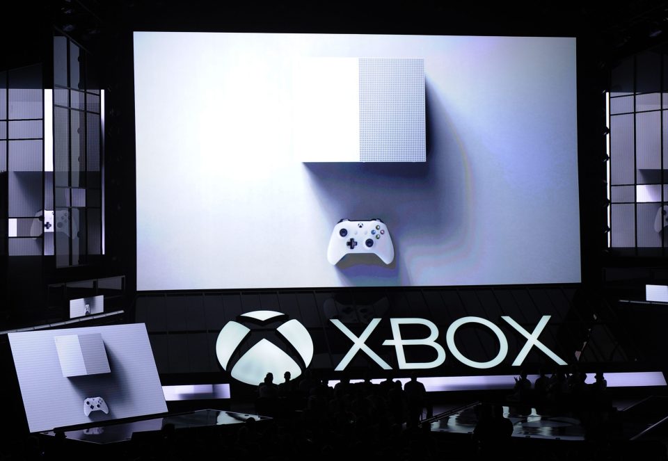 The new Microsoft Xbox One S console is announced during the Microsoft Xbox news conference at the E3 Gaming Conference on June 13