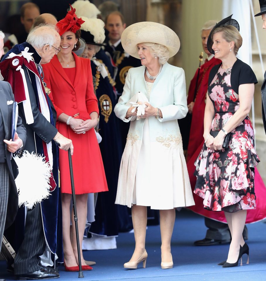 Catherine, Duchess of Cambridge, Camilla, Duchess of Cornwall and Sophie, Countess of Wessex chat with guests after the service