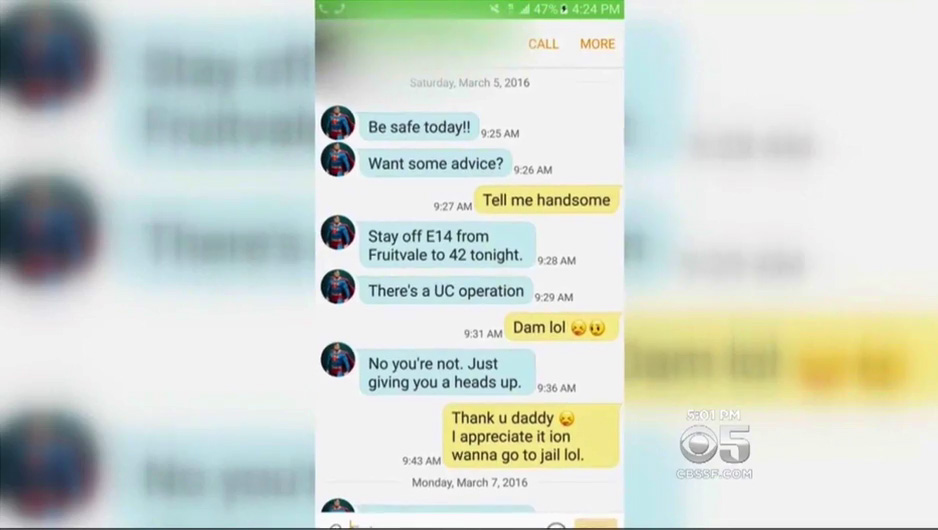  She has revealed a series of saucy text messages to TV channel KPIX, which show exchanges with Oakland cops, which appear to warn her about an undercover operations when she was working as a prostitute