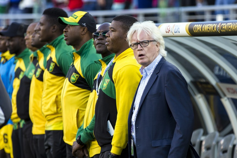 Jamaica manager, Winfried Schafer, with his staff before their Uruguay clash