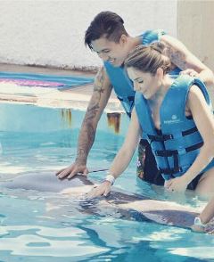 Liverpool forward Roberto Firmino and wife Larissa Periera go swimming with dolphins