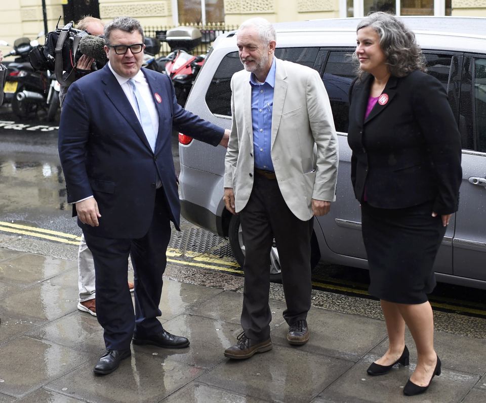 The leader of Britain's opposition Labour Party Jeremy Corbyn (C) arrives at an event in support of remaining in the European Union, in central London