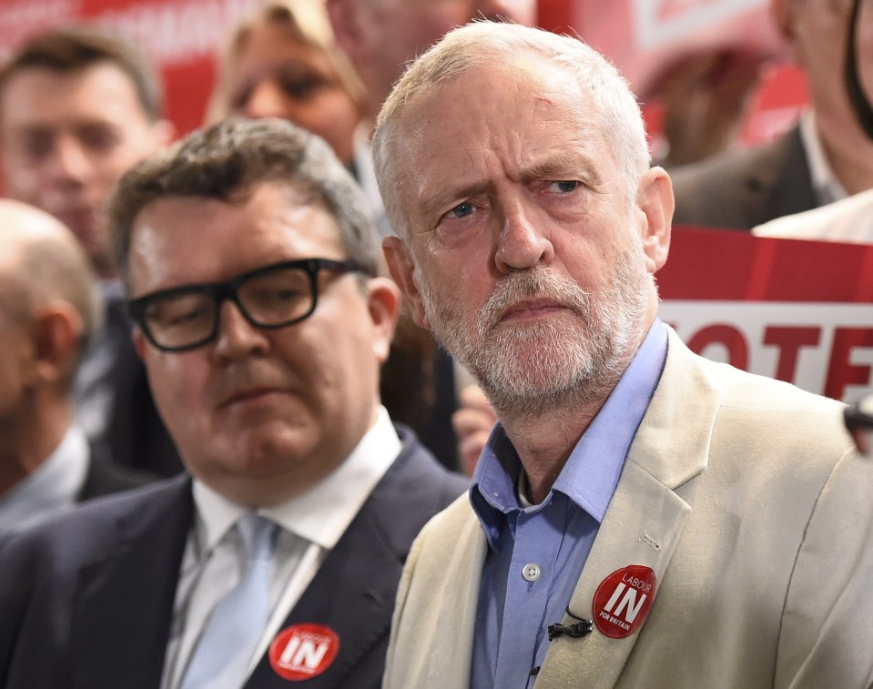 Britain's opposition Labour Party's leader Jeremy Corbyn (R) poses for a group photo with other senior members of the party and trade unionists at an event in support of remaining in the European Union, in central London