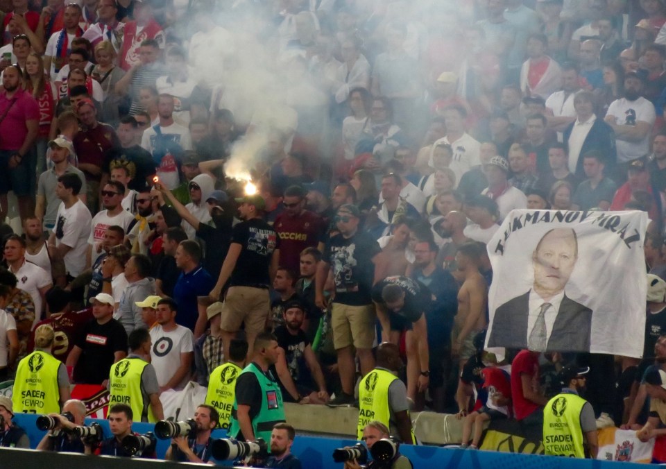 150 strong hooligans wore matching shirts with 'Orel Butchers' written on the back as they targeted England fans during 2 days of riots 