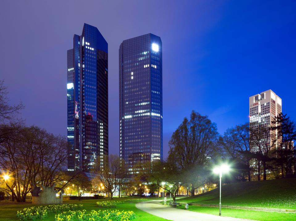 Deutsche Bank headquarters at night, mirrored high-rise towers, Frankfurt am Main, Hesse, Germany