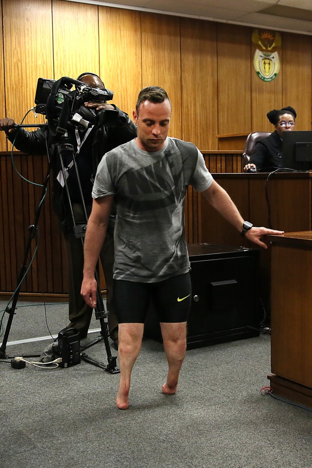  Oscar Pistorius teetered pathetically on his stumps in front of a packed court room today in a desperate bid to convince the judge he was too vulnerable to have murdered his girlfriend intentionally