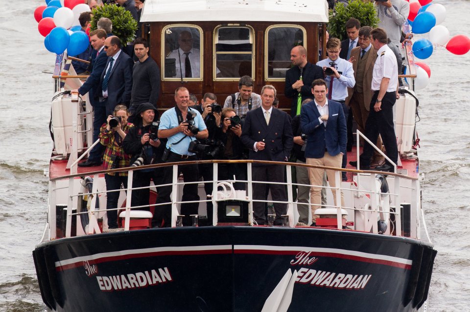  Nigel Farage's pro-Brexit boat among the flotilla of boats that set sail up encouraging Londoners to vote Leave