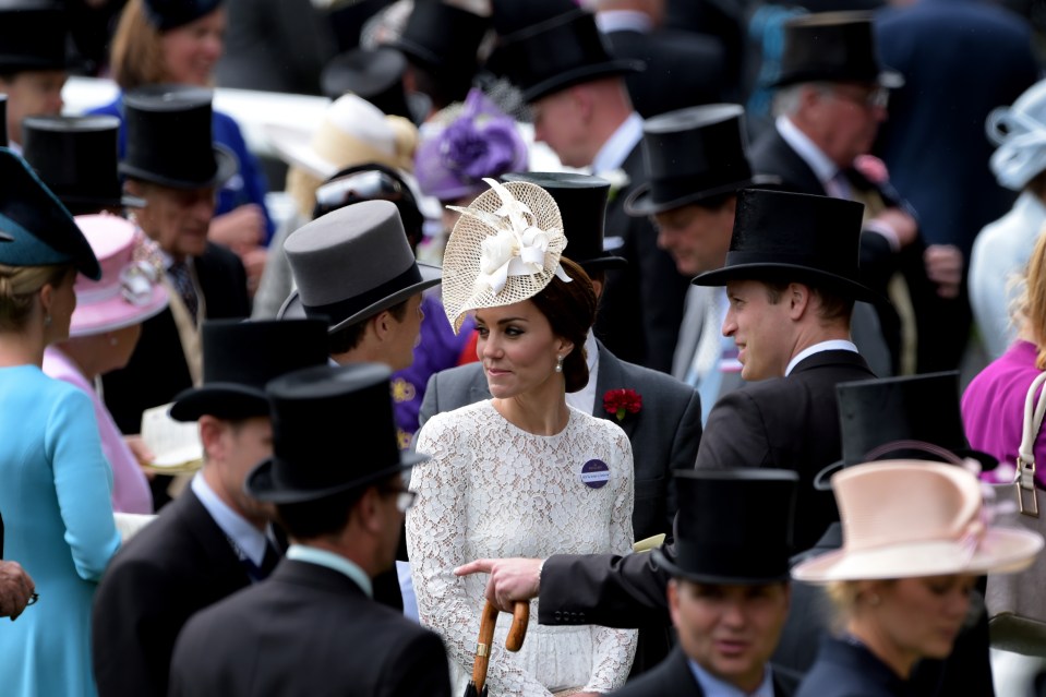  This is the first time the Duke and Duchess of Cambridge have been to Royal Ascot together, here Her Royal Highness stands out in her white dress surrounded by top hats